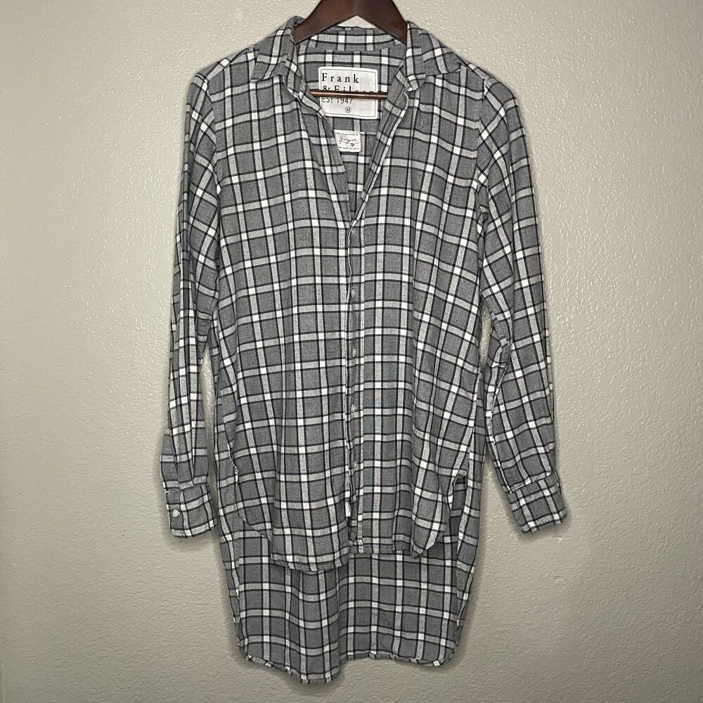 Frank & Eileen Womens M Grayson 100% Cotton Gray Plaid Button Down Tunic Shirt
